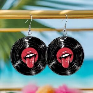 Black Vinyl Record Novelty Earrings with Red Lips Design